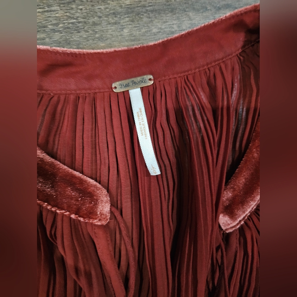 Free People Bohemian Peasant Sheer Pleated Velvet Trim Blouse Top Sz L - Picture 2 of 4
